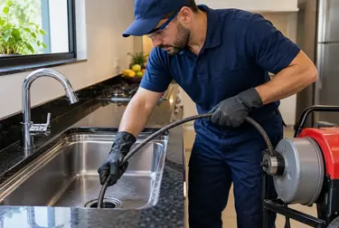 Profissional desentupindo uma pia com ferramentas adequadas.