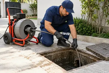 Profissional inspecionando e desentupindo esgoto.