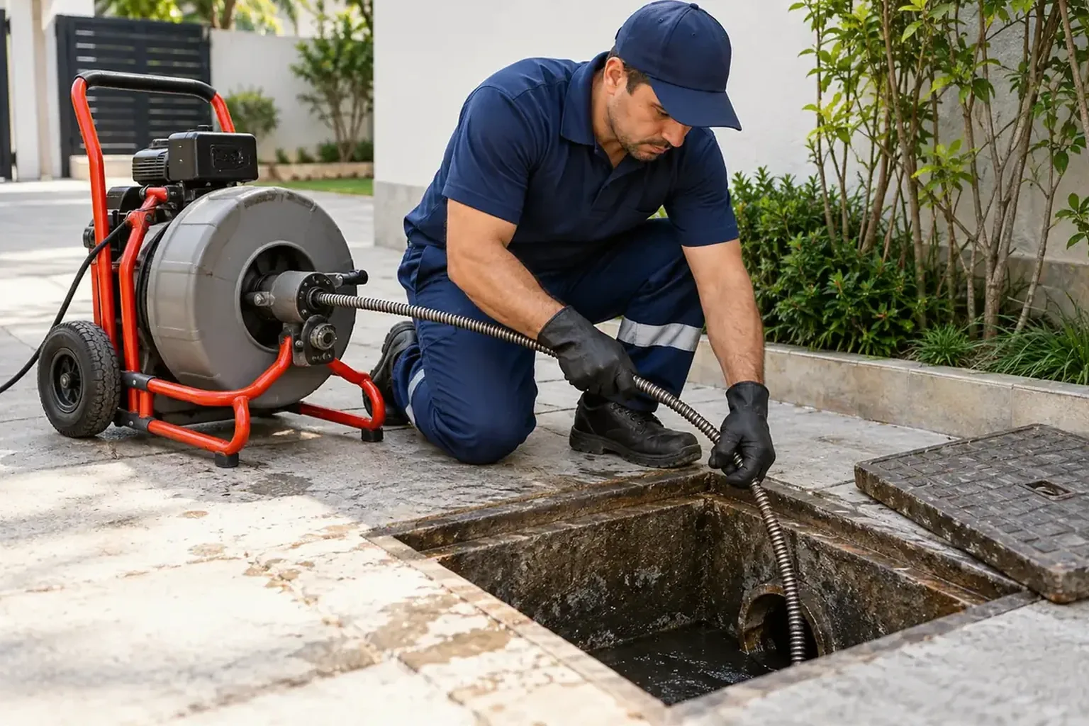 Profissional inspecionando e desentupindo esgoto.