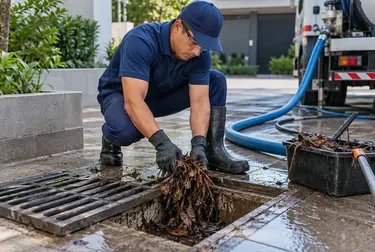 Profissional limpando uma caixa de gordura com equipamentos apropriados.