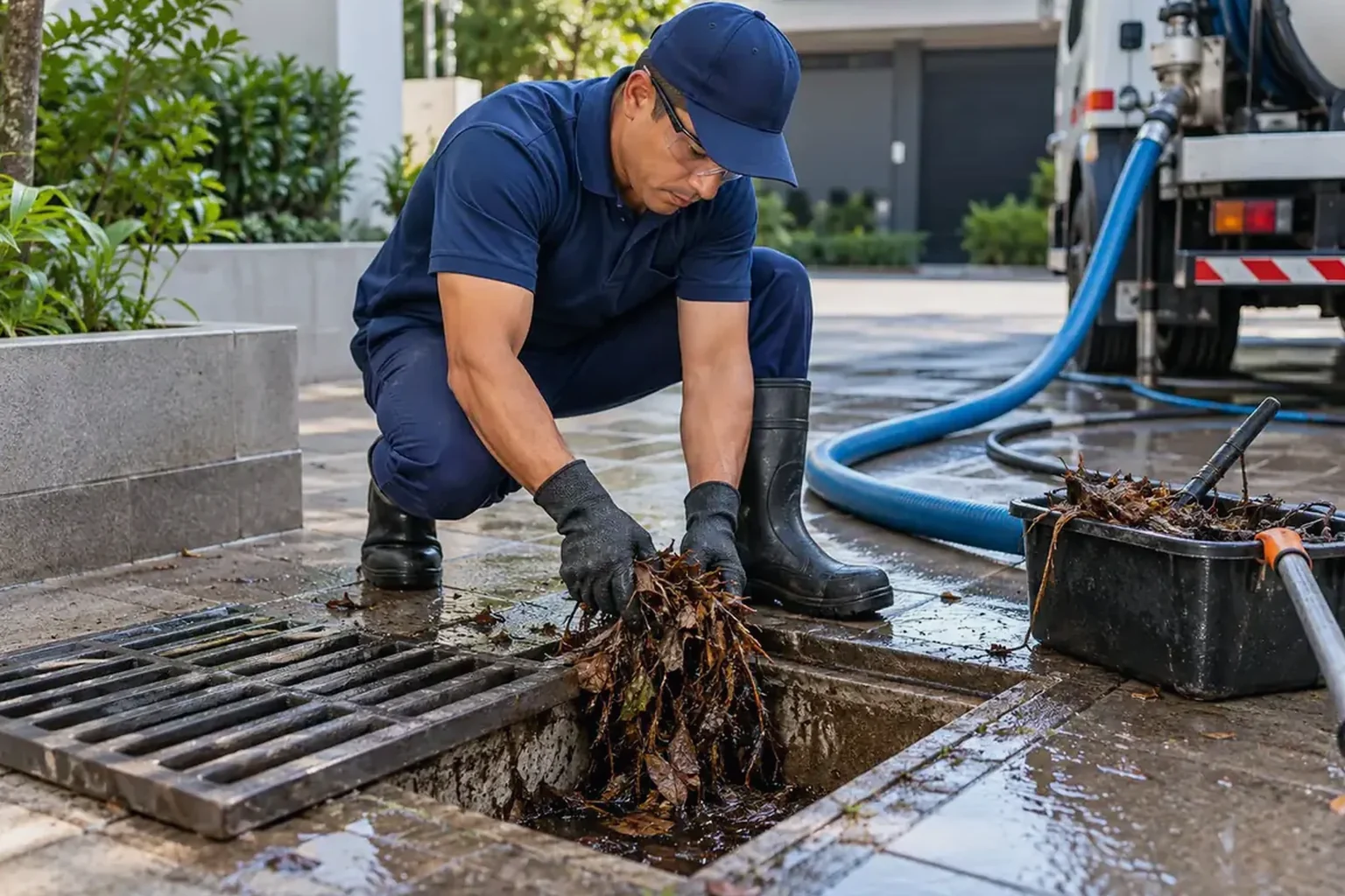 Profissional limpando uma caixa de gordura com equipamentos apropriados.