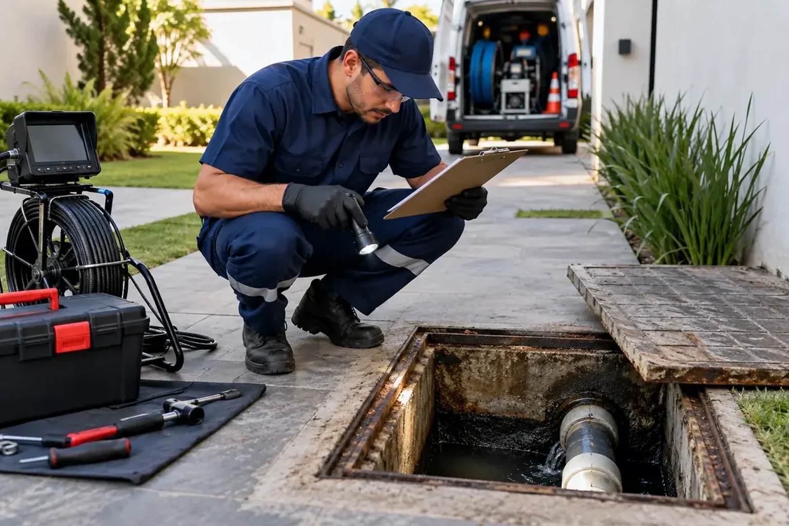 Profissional preparado para atender emergência de desentupimento.