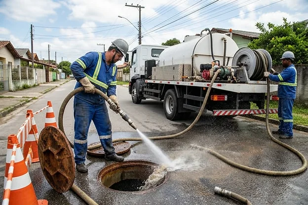 Profissional usando hidrojateamento para limpeza de tubulações.