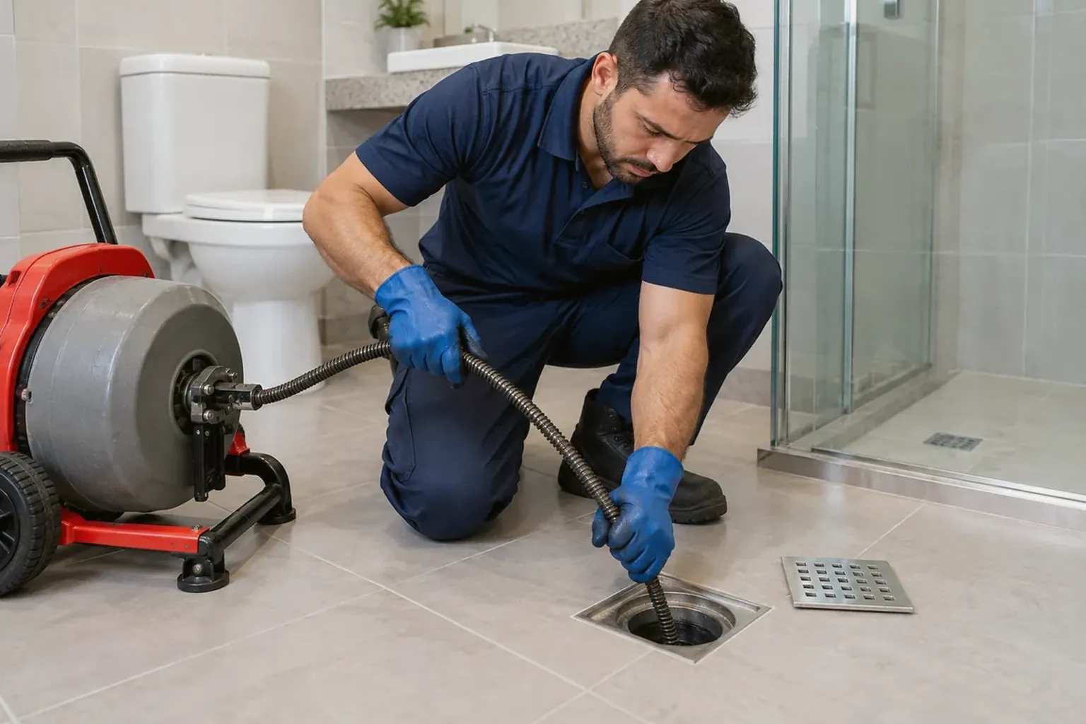 Profissional utilizando ferramentas para desentupir ralos.