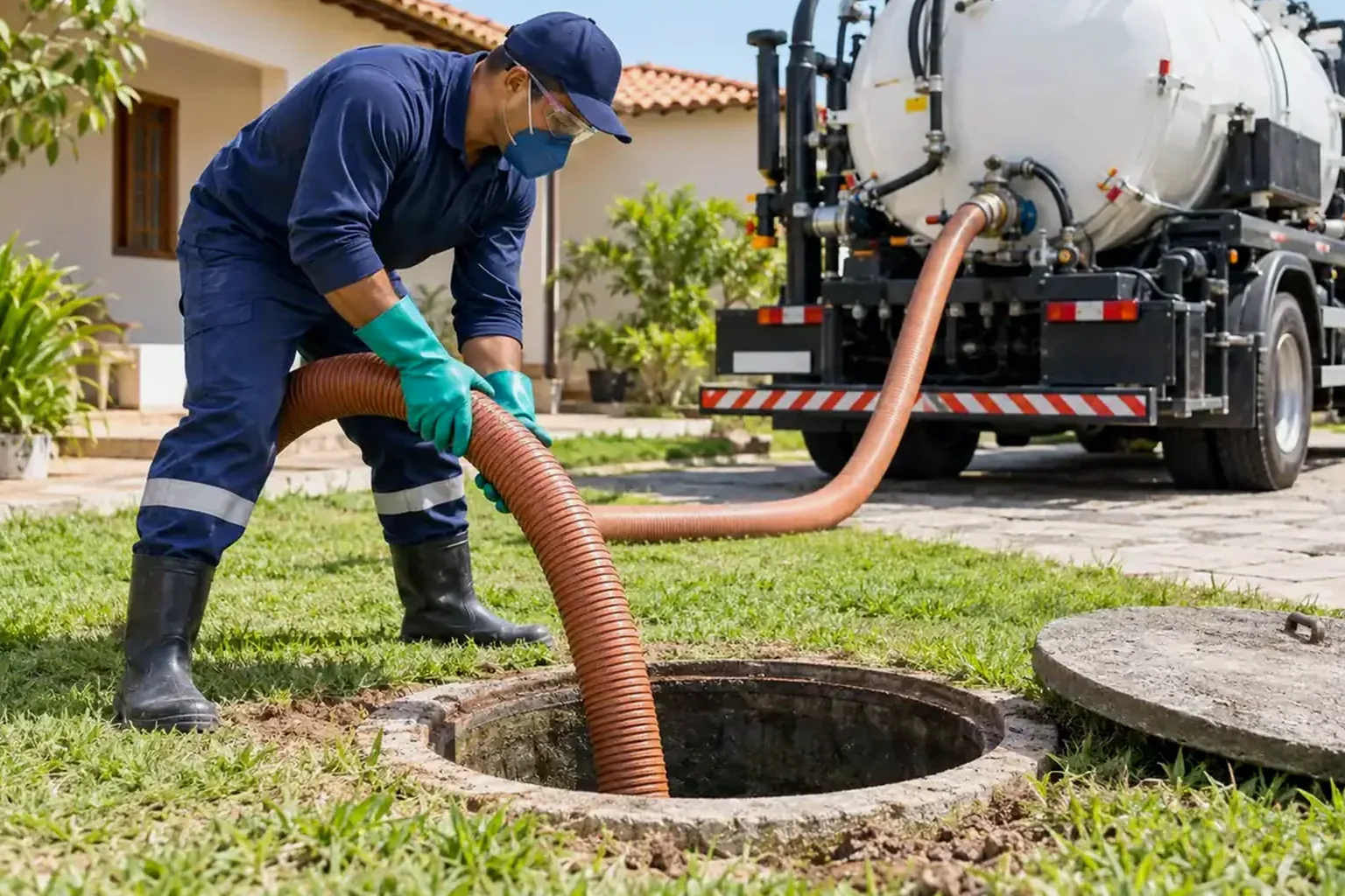 Profissional utilizando hidrojato para desentupir tubulações.