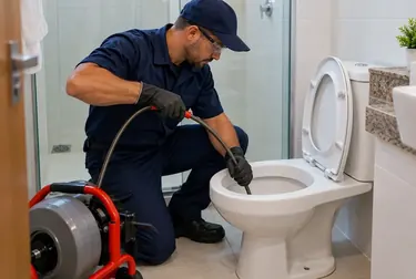 Técnico desentupindo um vaso sanitário com ferramentas especiais.