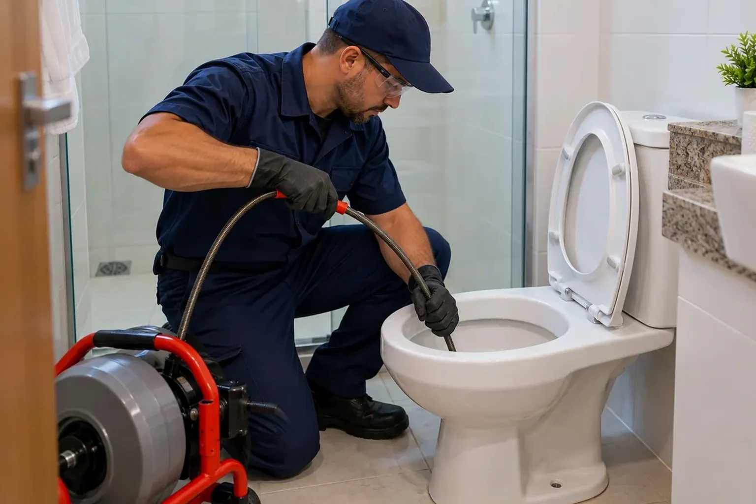 Técnico desentupindo um vaso sanitário com ferramentas especiais.