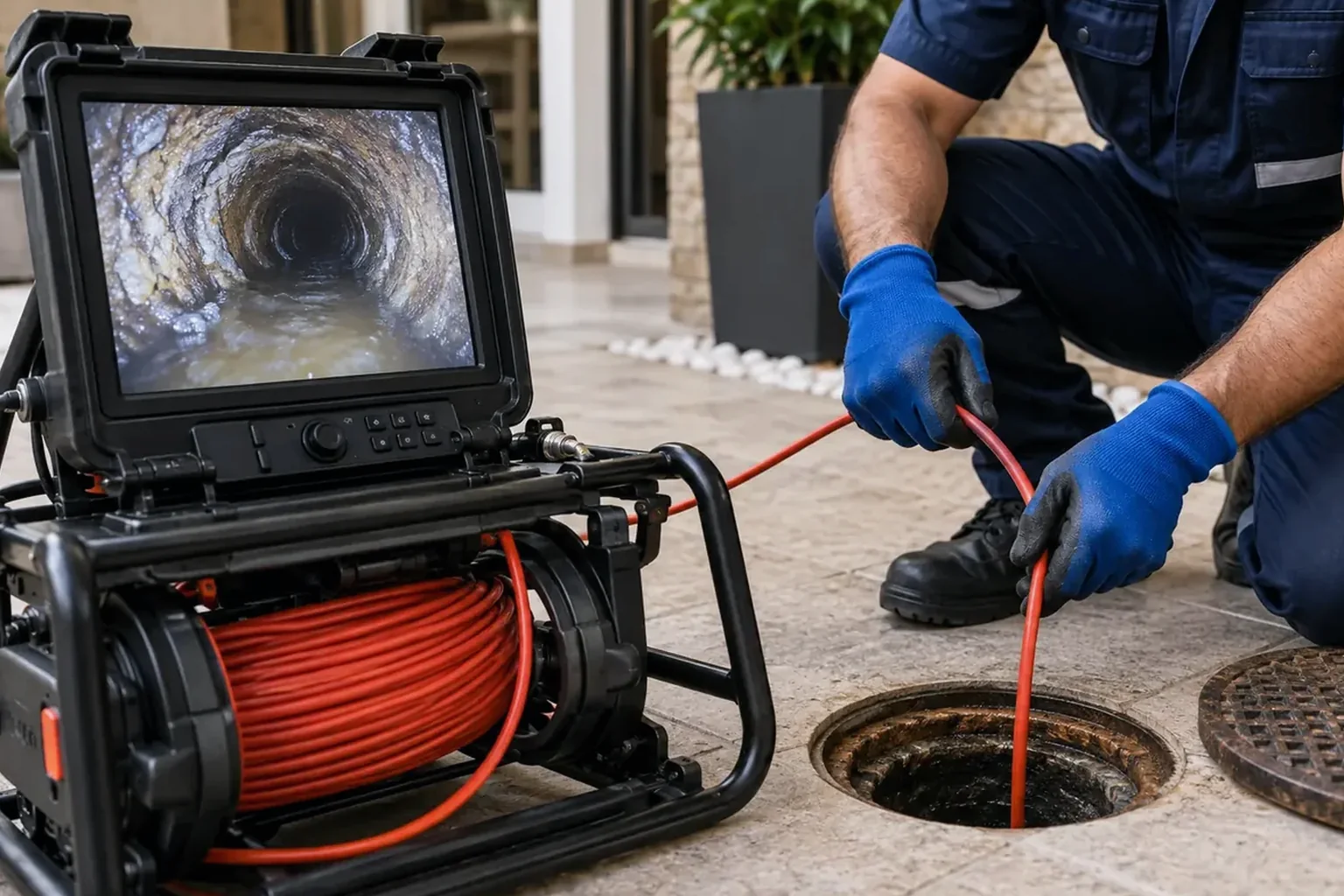 Técnico executando manutenção em rede de esgoto.