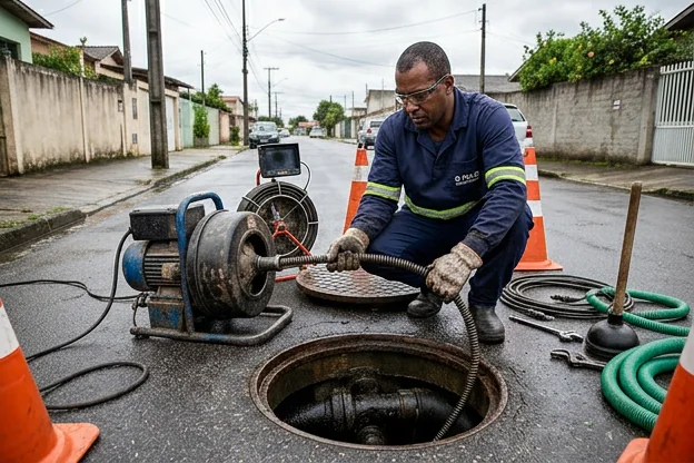 Técnico fazendo manutenção preventiva em sistema de esgoto.