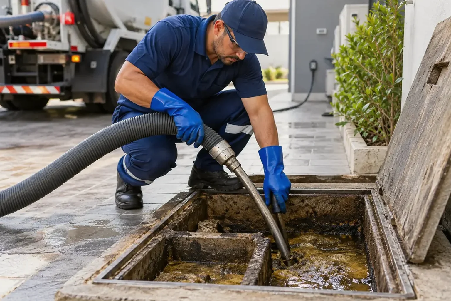 Técnico realizando limpeza de uma fossa séptica com equipamentos apropriados.