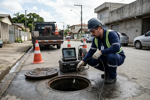 Técnico verificando a necessidade de desentupimento em esgoto.